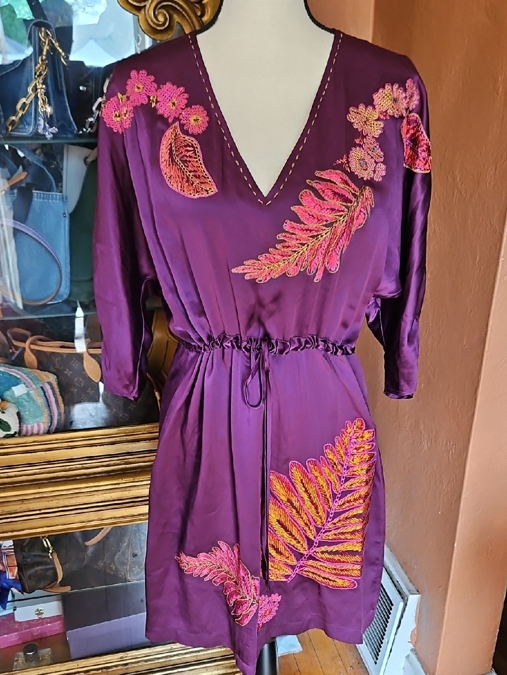 Hale Bob Lounge Asian Inspired Purple Silk Mini Dress with Embroidered Leaves